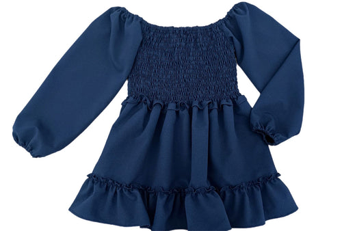 Smocked Long Sleeve Dress Navy